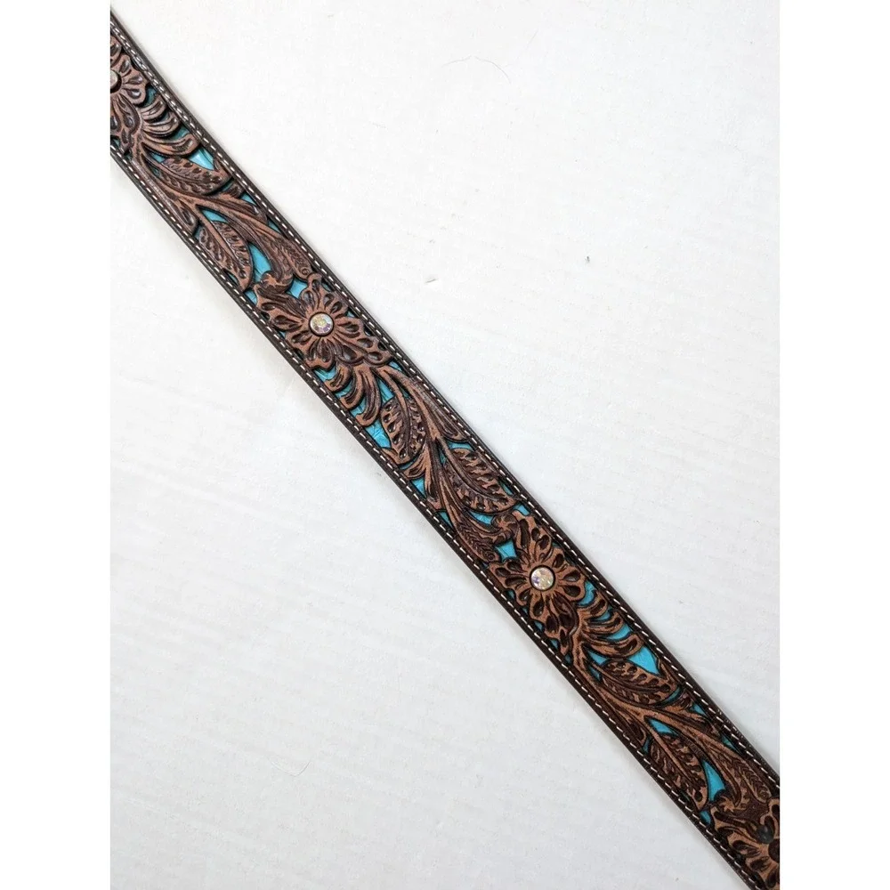 Womens Ariat Leather Belt Size Medium Brown Turquoise Inlay Floral Tooled